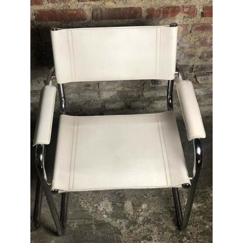 Pair of vintage iron and white leather armchairs B 34 by Marcel Breuer 