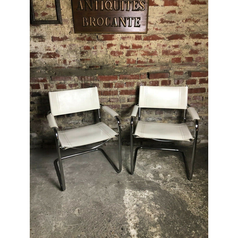 Paire de fauteuils vintage en fer et cuir blanc B 34 par Marcel Breuer 