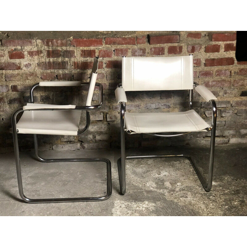Paire de fauteuils vintage en fer et cuir blanc B 34 par Marcel Breuer 