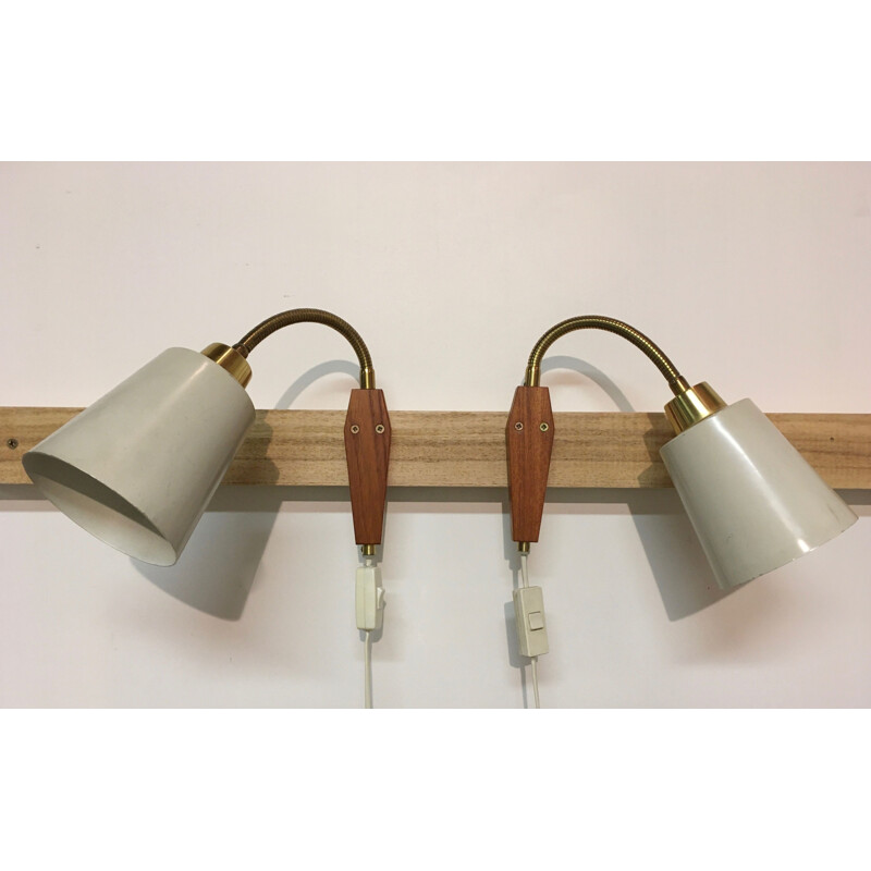 Pair of vintage teak and metal wall lights, 1950s