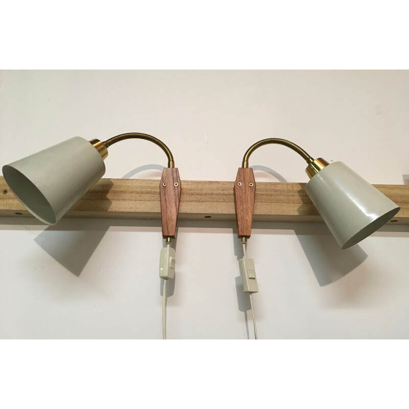 Pair of vintage teak and metal wall lights, 1950s