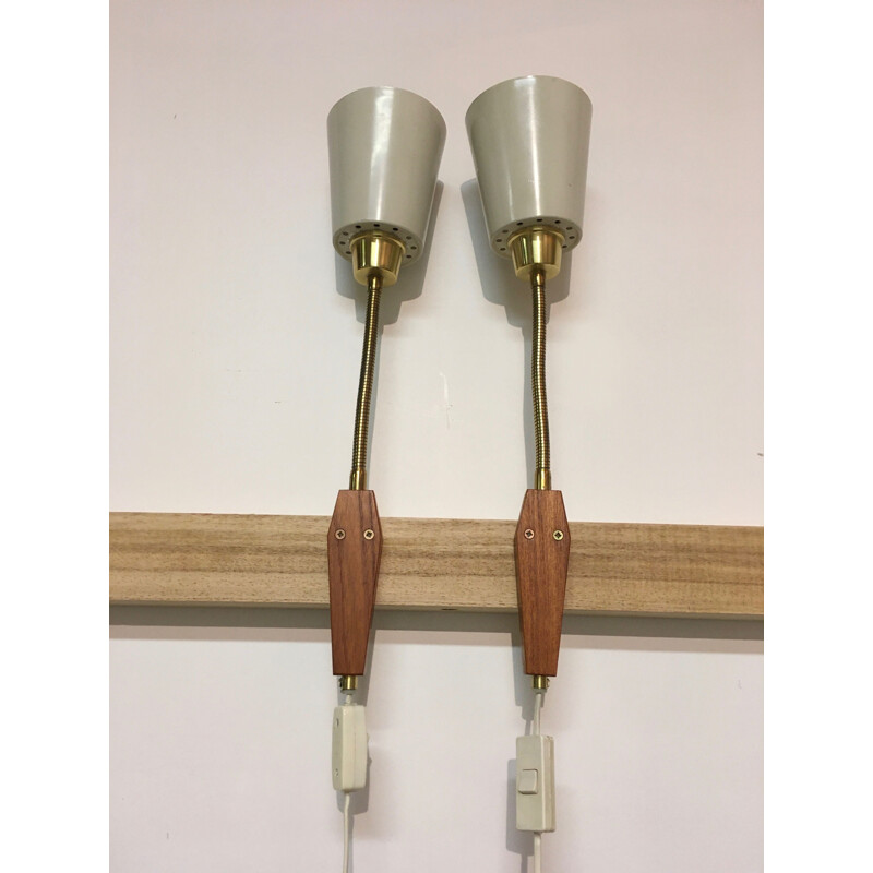 Pair of vintage teak and metal wall lights, 1950s