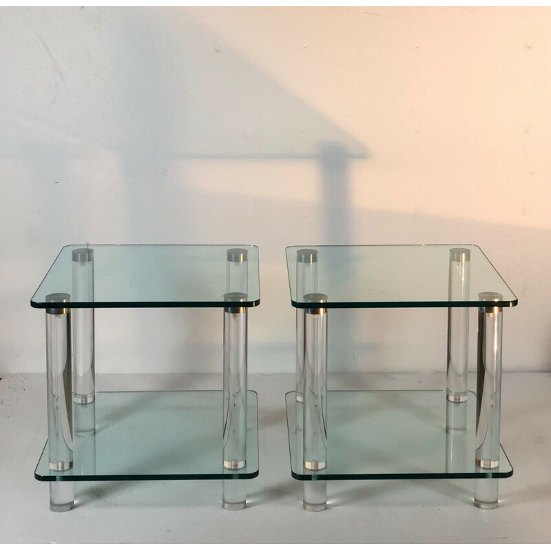 Vintage glass, plexiglass and chrome sofa ends, 1970s