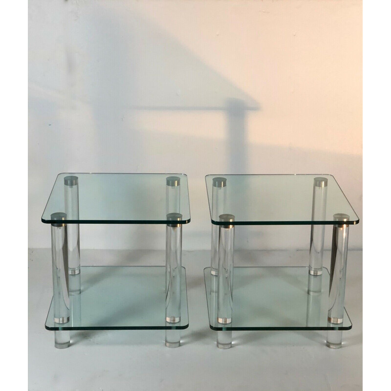 Vintage glass, plexiglass and chrome sofa ends, 1970s