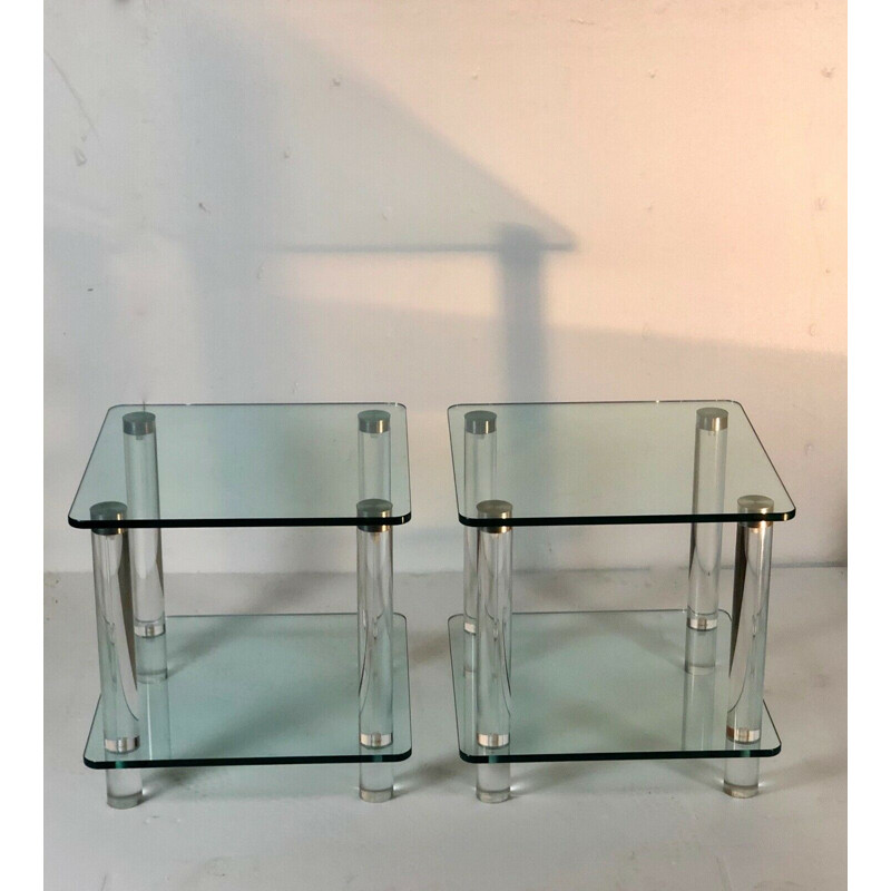 Vintage glass, plexiglass and chrome sofa ends, 1970s