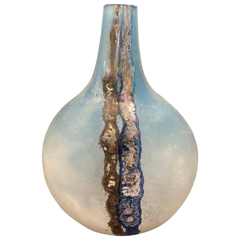 Vase Vintage "Scavo" en verre de Murano bleu d'Alfredo Barbini, 1970