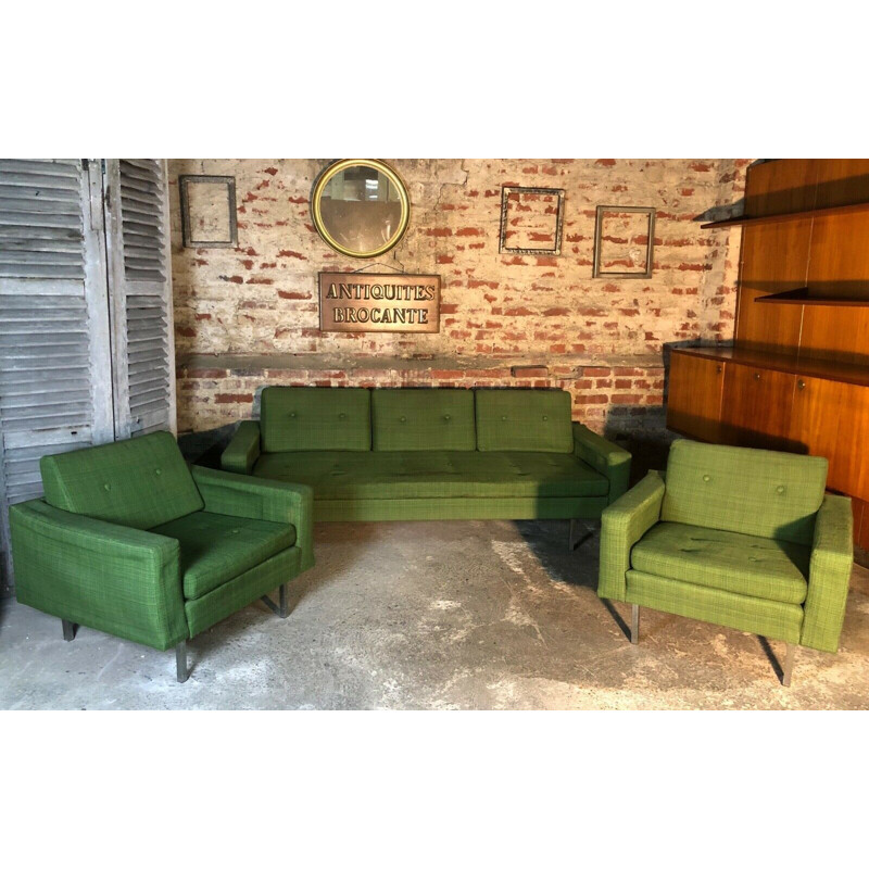 Vintage lounge set in green woolly cotton fabric by Florence Knoll, 1960s