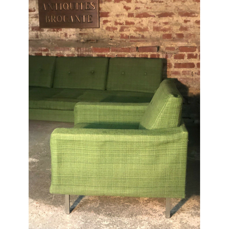 Vintage lounge set in green woolly cotton fabric by Florence Knoll, 1960s