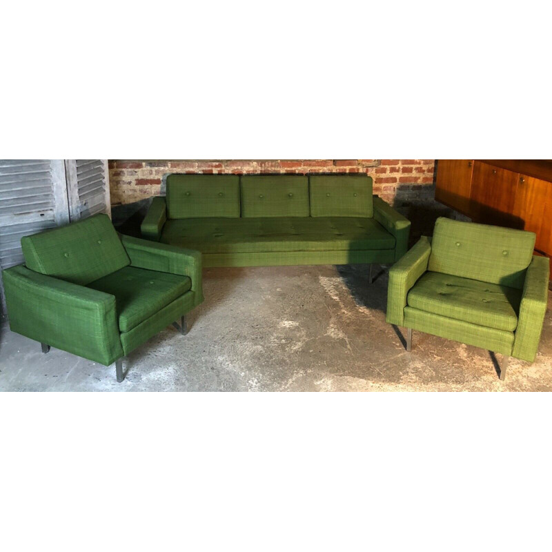 Vintage lounge set in green woolly cotton fabric by Florence Knoll, 1960s