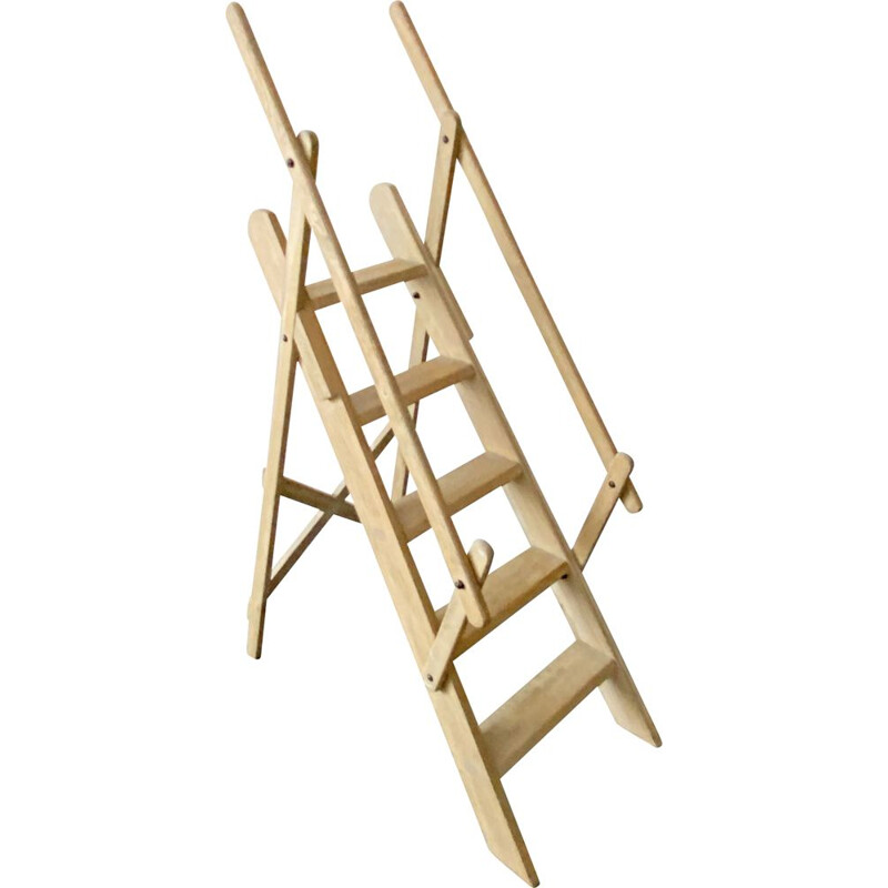 Vintage beech Wood Library Manager Ladder, France 1970s