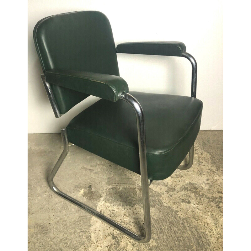 Vintage dark green skai and metal office armchair by Roneo, 1940-50s