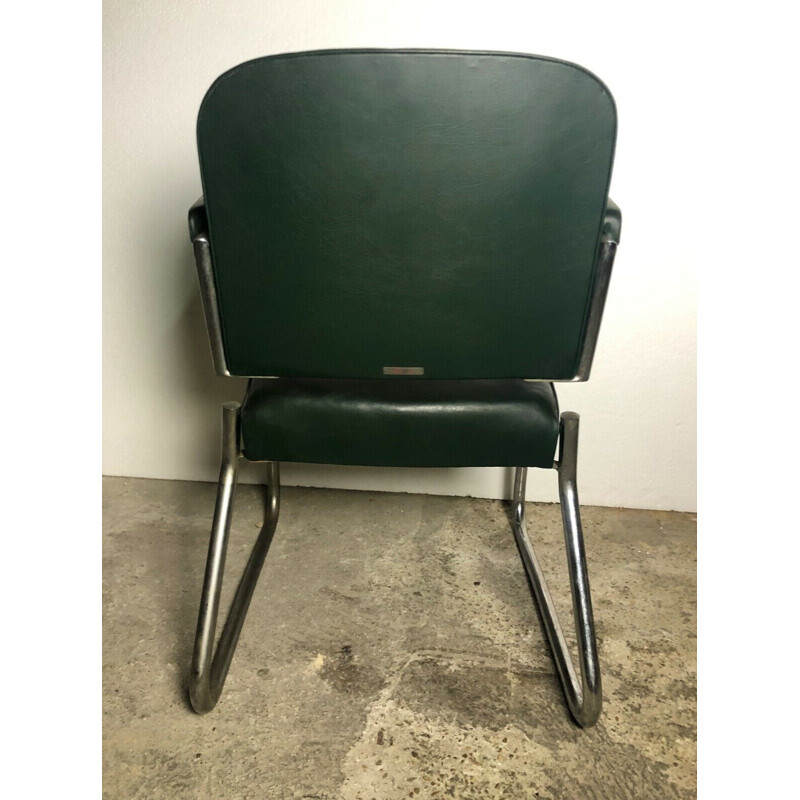 Vintage dark green skai and metal office armchair by Roneo, 1940-50s