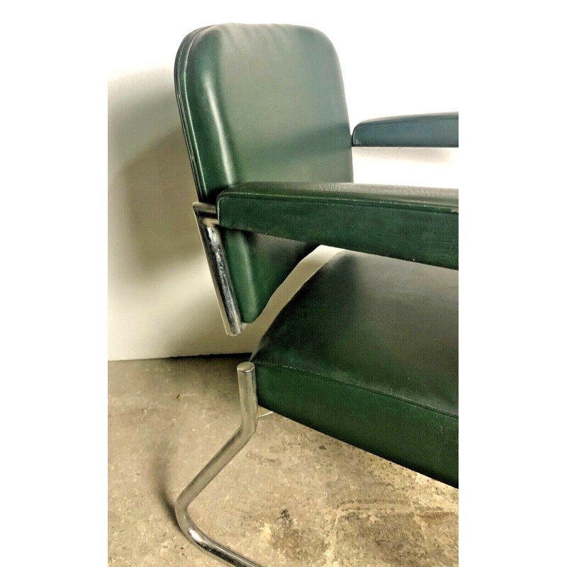 Vintage dark green skai and metal office armchair by Roneo, 1940-50s