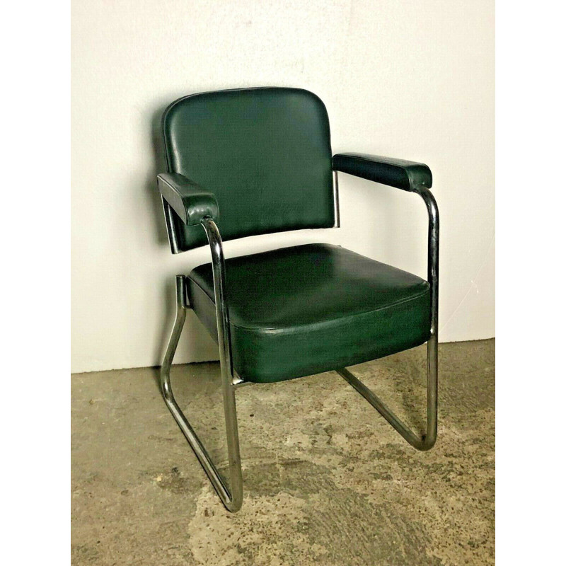 Vintage dark green skai and metal office armchair by Roneo, 1940-50s