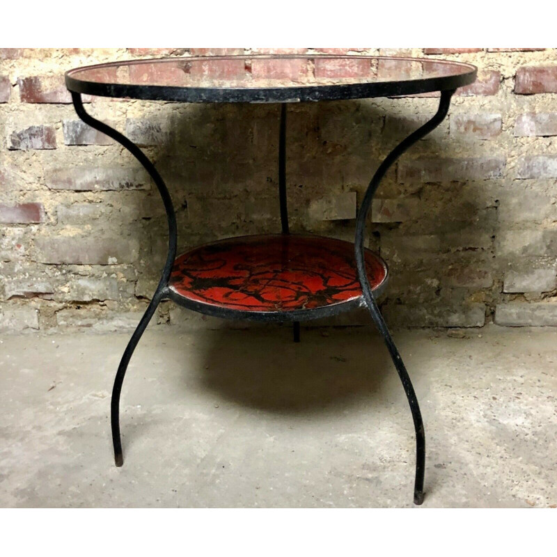 Vintage iron side table with glass top, 1970s