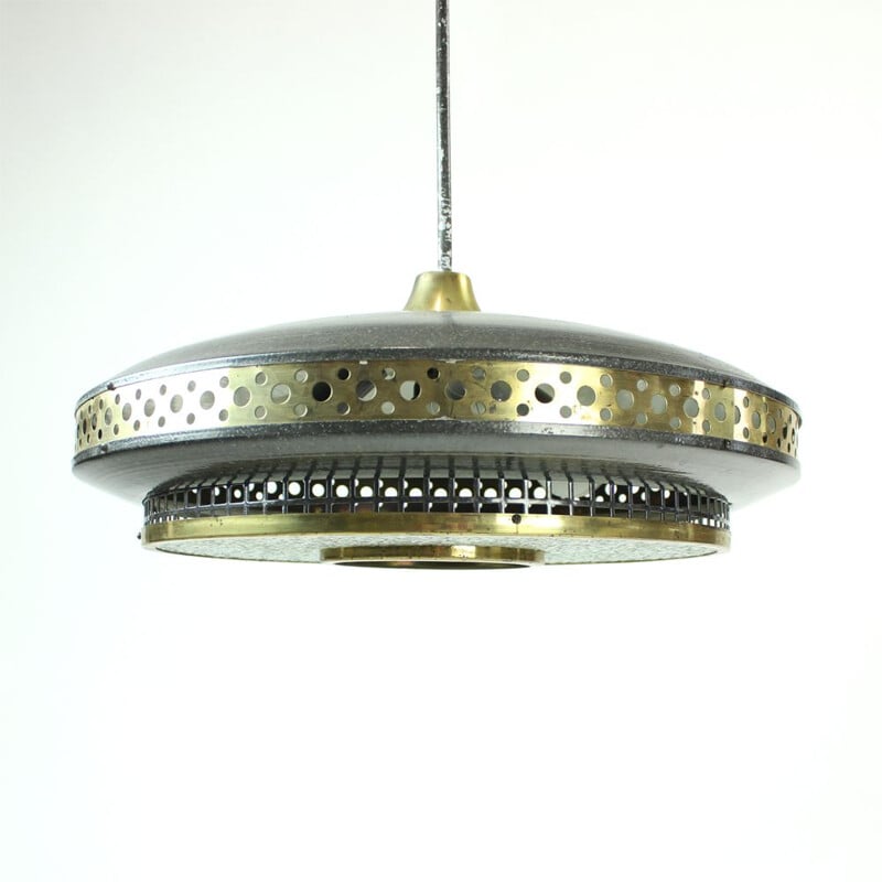 Vintage Ceiling Light In Black Metal and Brass, Czechoslovakia, 1970s