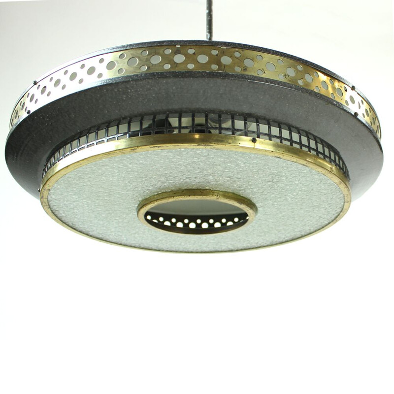 Vintage Ceiling Light In Black Metal and Brass, Czechoslovakia, 1970s