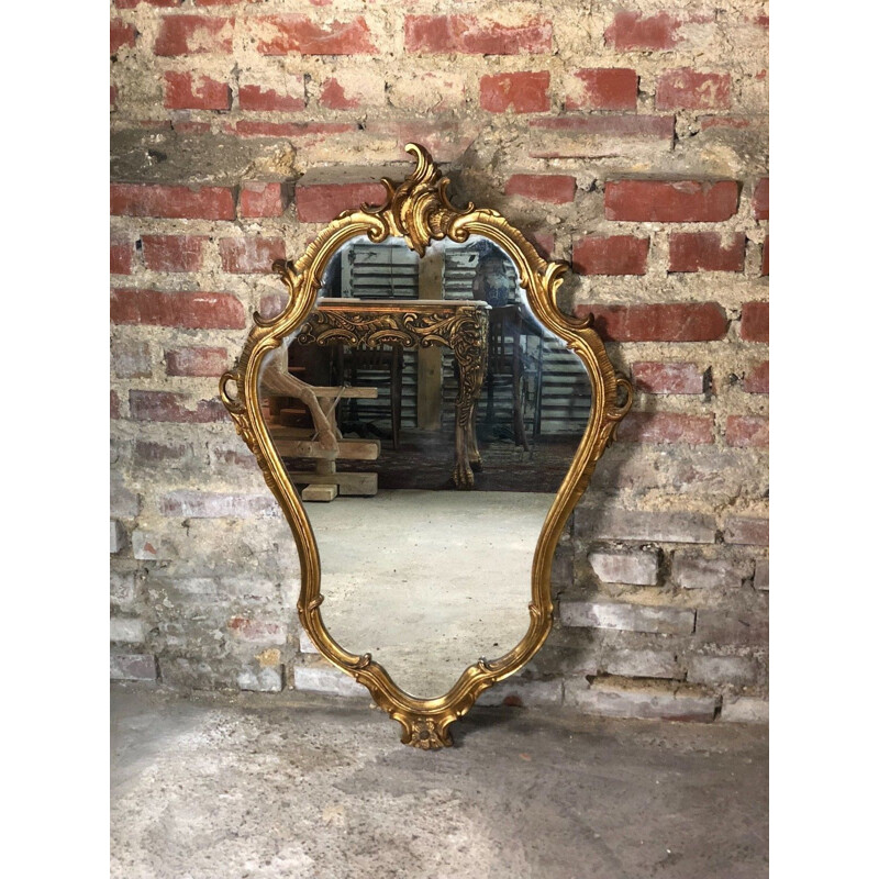 Miroir oval italien vintage style Louis XV en bois doré 1970