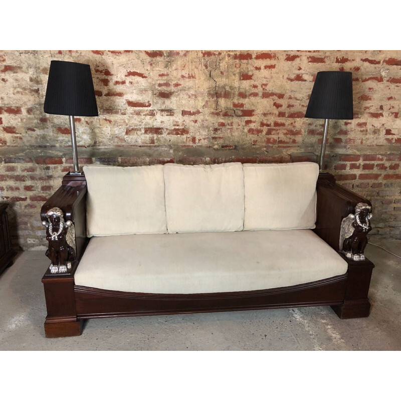 Empire style mahogany vintage hotel sofa in mahogany with caryatid decorations