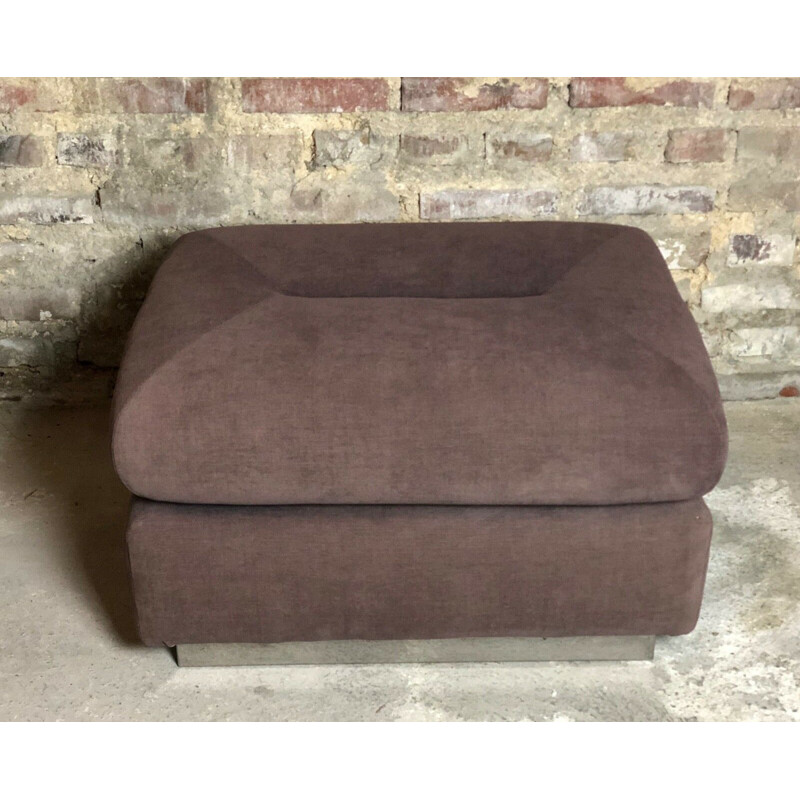 Vintage pouffe in brown and stainless steel fabrics 1980