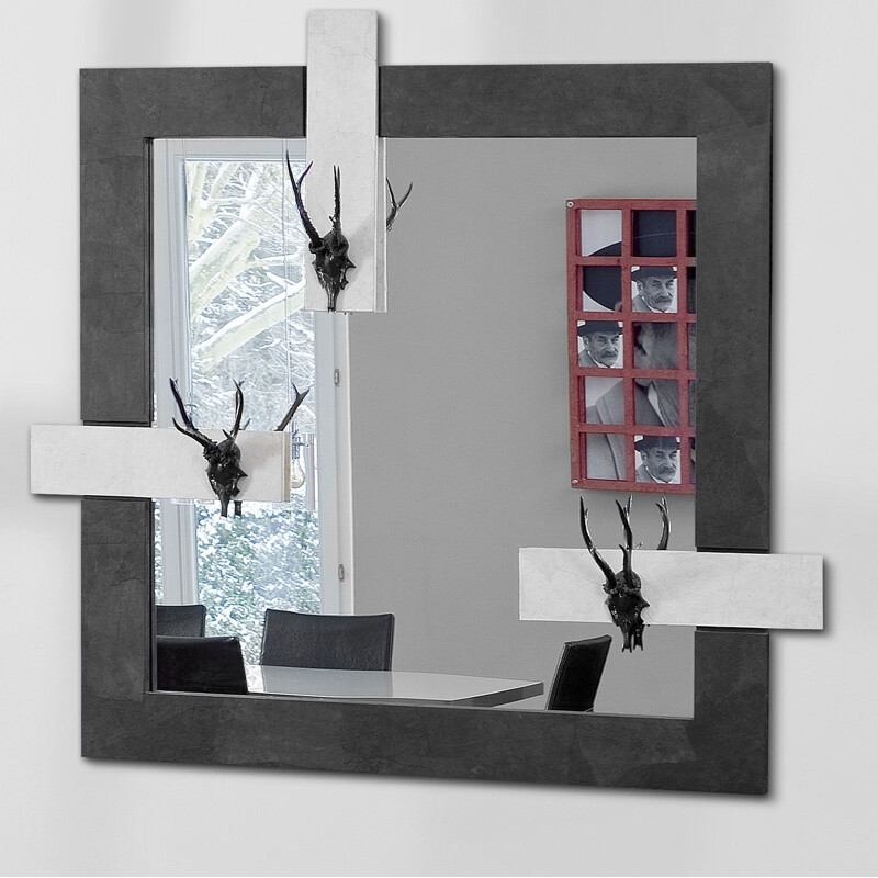 Vintage Mirror with 3 deer antlers and wooden frame
