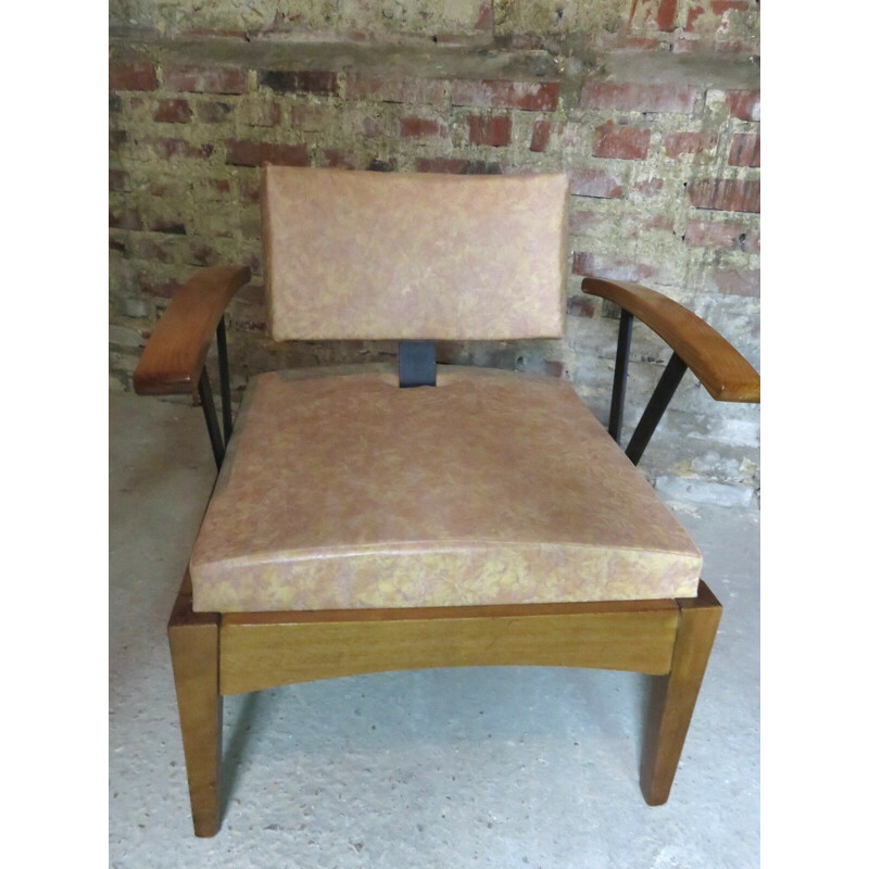 Pair of Baumann Armchairs in beech and skai 1980