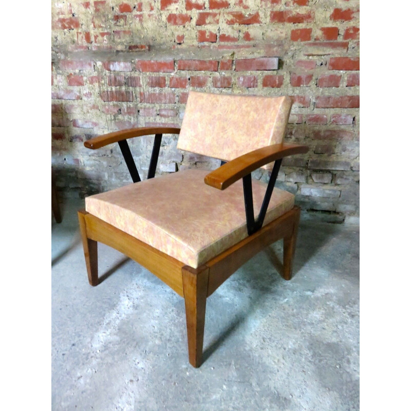 Pair of Baumann Armchairs in beech and skai 1980