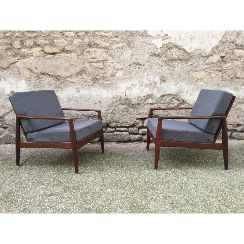 Paire de fauteuils en palissandre et tissu gris, Grete JALK - 1960