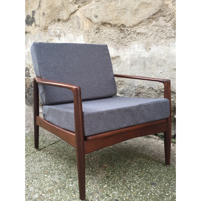 Pair of armchairs in rosewood and grey fabric, Grete JALK - 1960s