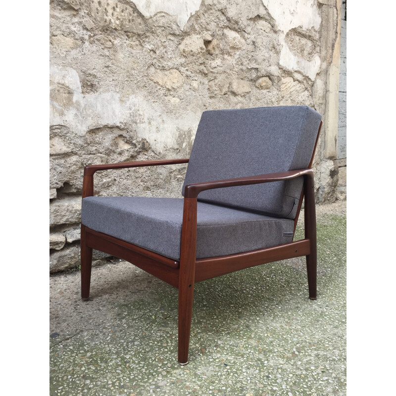 Pair of armchairs in rosewood and grey fabric, Grete JALK - 1960s