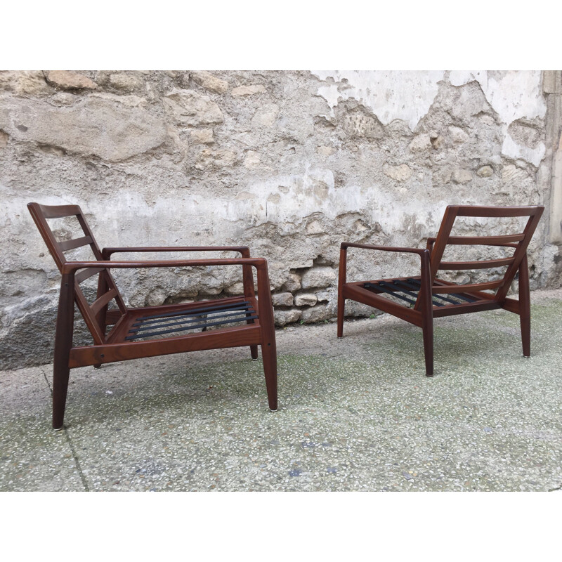 Pair of armchairs in rosewood and grey fabric, Grete JALK - 1960s