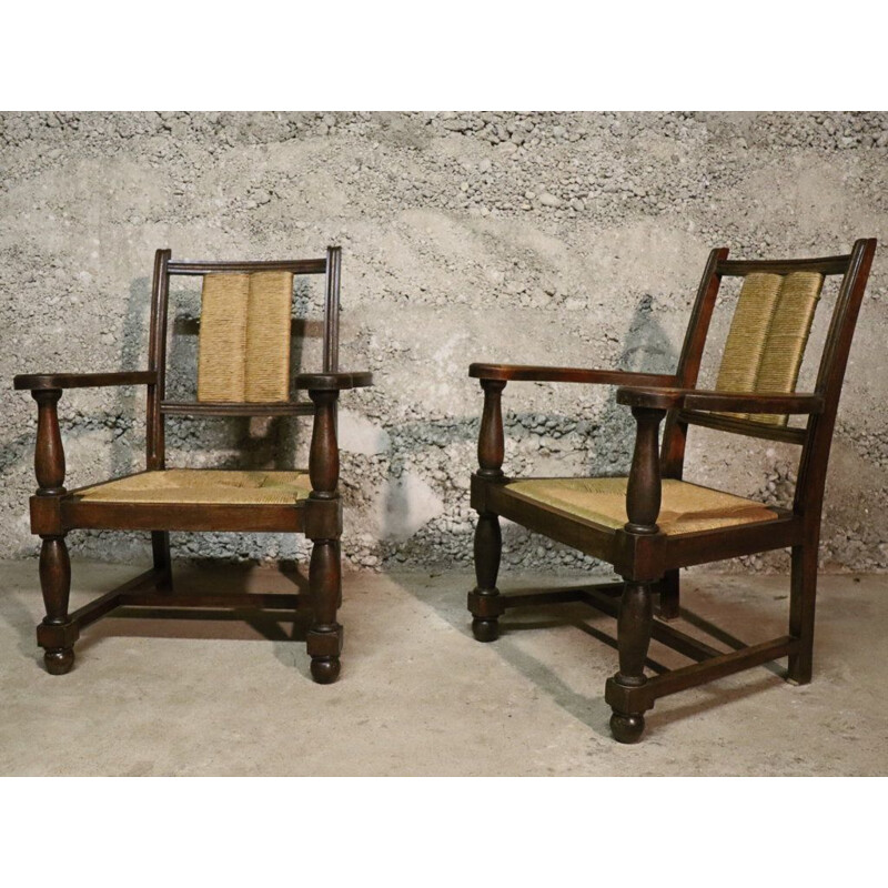 Pair of vintage armchairs in wood and straw 1940s