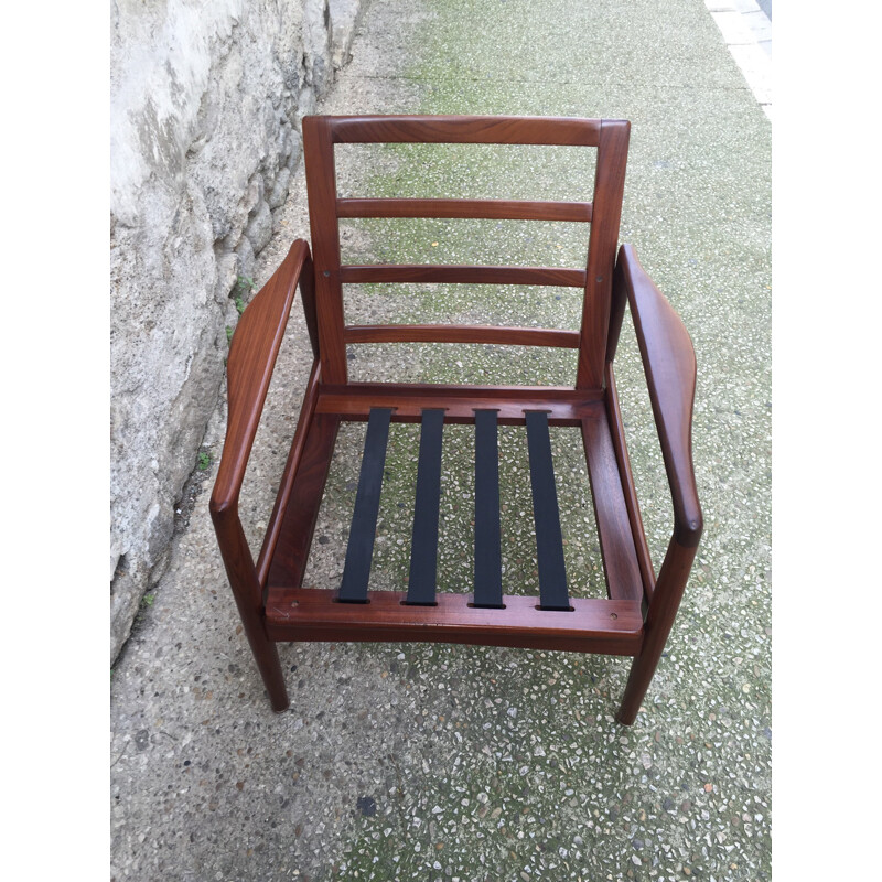 Paire de fauteuils en palissandre et tissu gris, Grete JALK - 1960