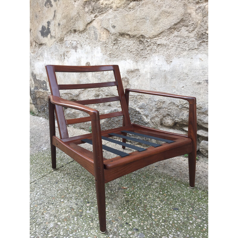 Pair of armchairs in rosewood and grey fabric, Grete JALK - 1960s