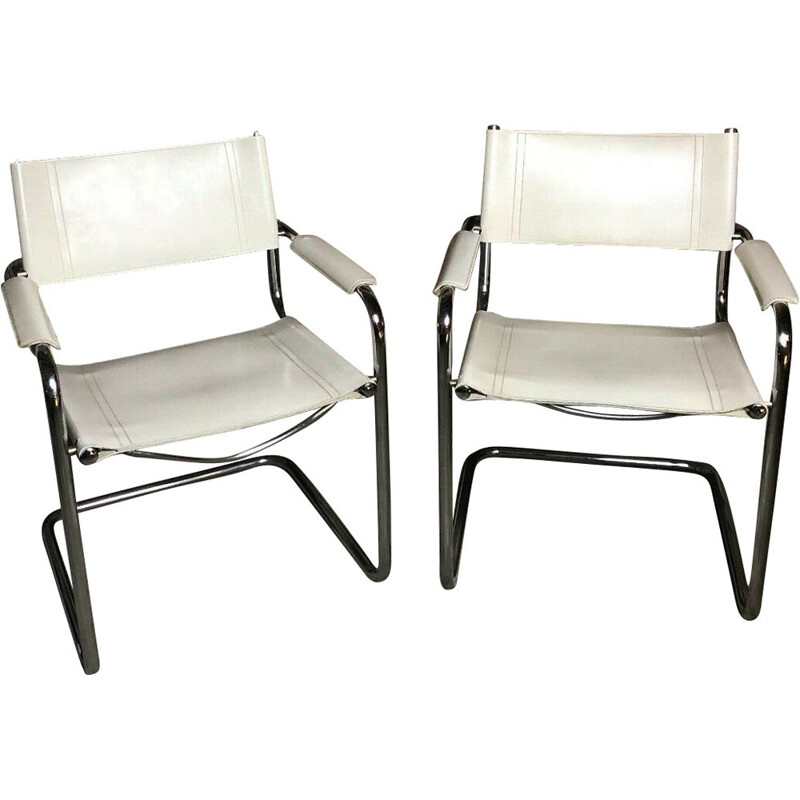Pair of vintage iron and white leather armchairs B 34 by Marcel Breuer 