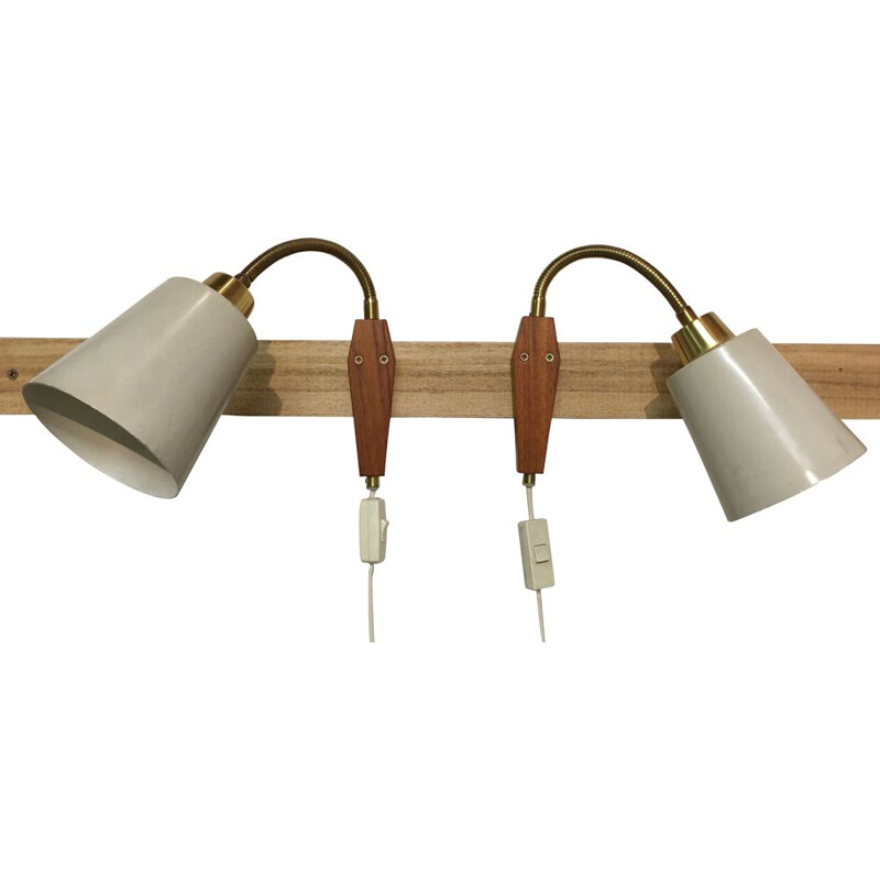 Pair of vintage teak and metal wall lights, 1950s