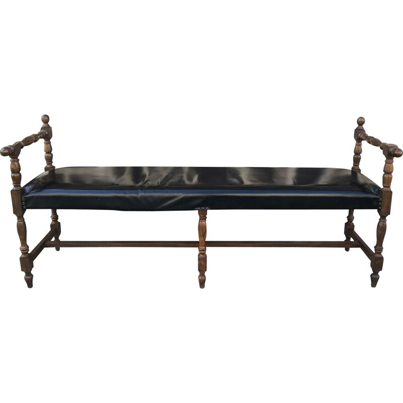 Vintage black leather window bench, France