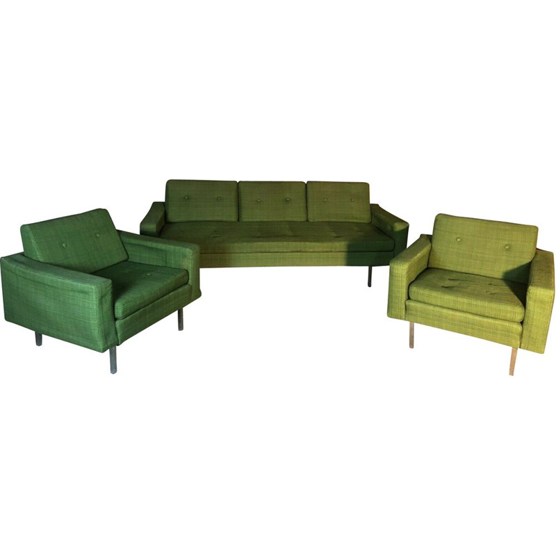 Vintage lounge set in green woolly cotton fabric by Florence Knoll, 1960s