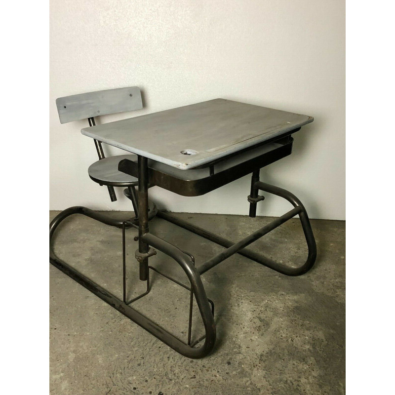 Vintage American adjustable school desk in wood and iron
