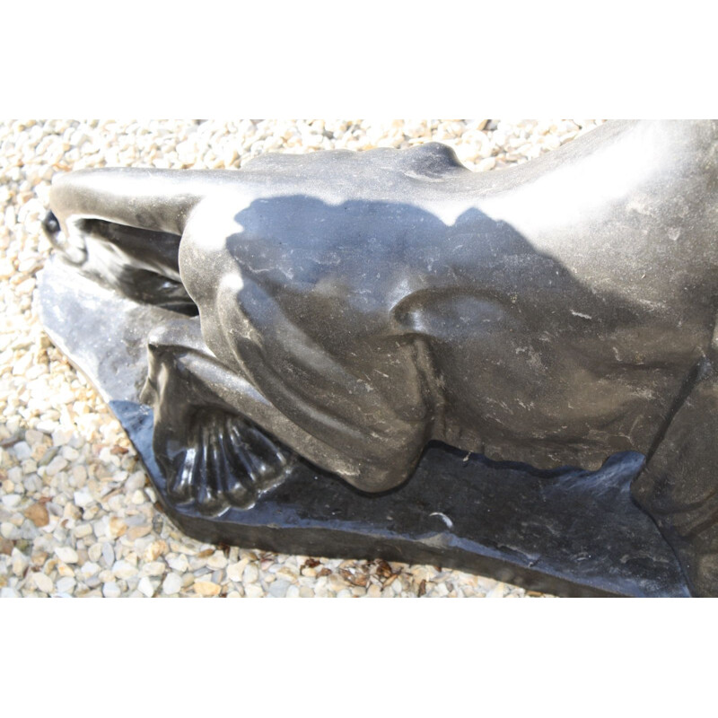 Large Vintage Puma sculpture in anthracite grey marble, 1970