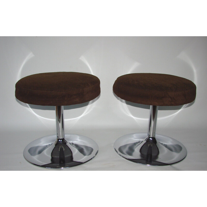 Pair of vintage stools in chrome and fabric, 1970s