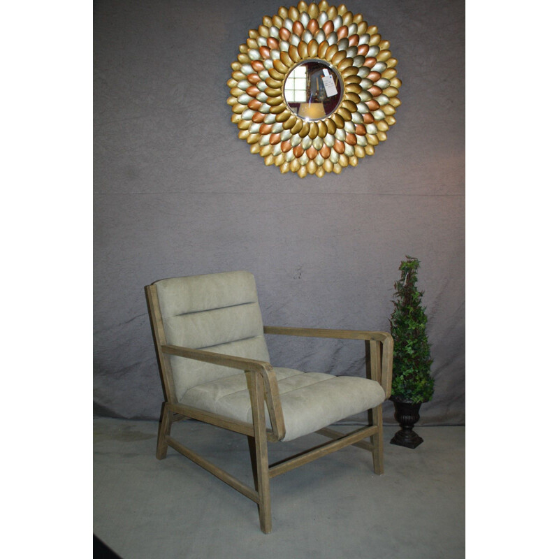 Vintage armchair in natural wood and light fabric, Scandinavian design