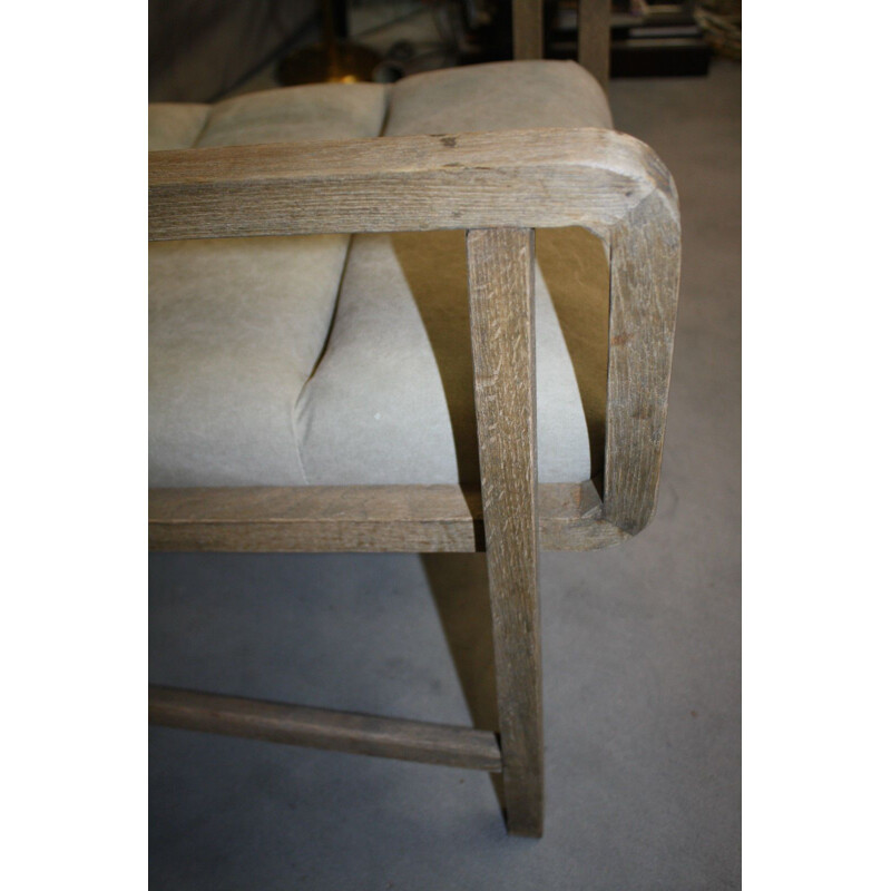 Fauteuil vintage en bois naturel et tissu claire, design scandinave