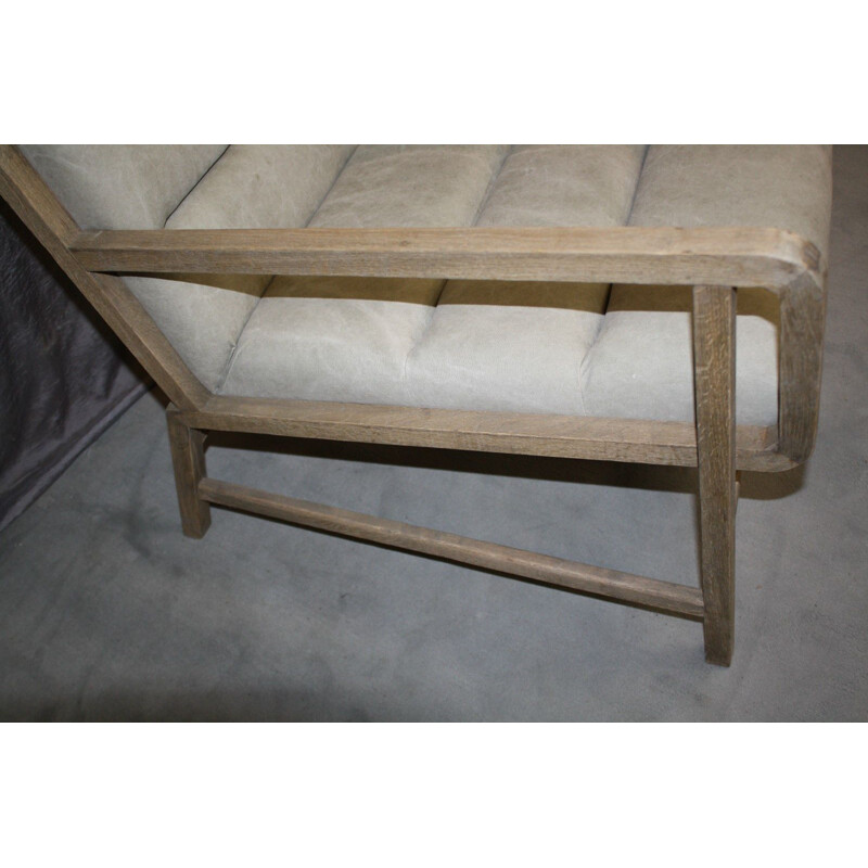 Vintage fauteuil in naturel hout en lichtgekleurde stof, Scandinavisch ontwerp