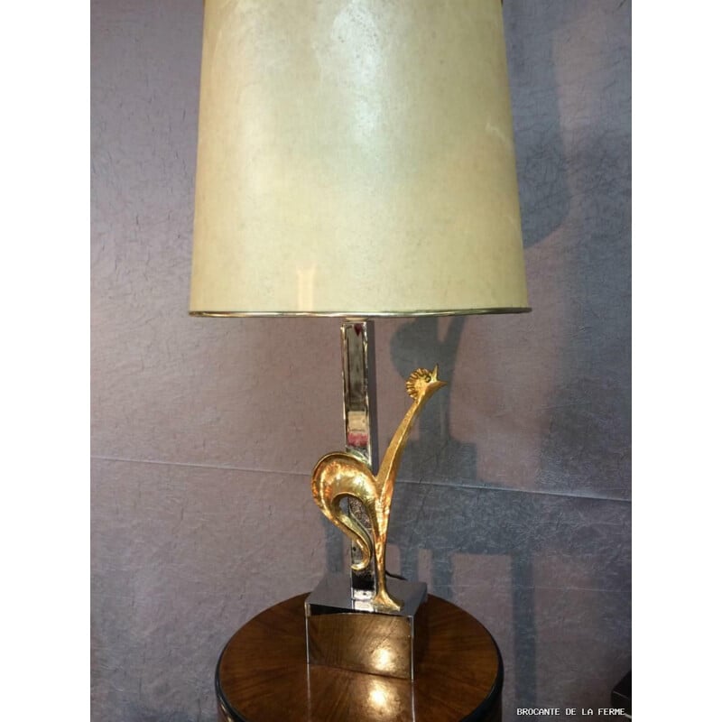 Lampe en bronze vintage argentée et dorée avec coq 1950-1960