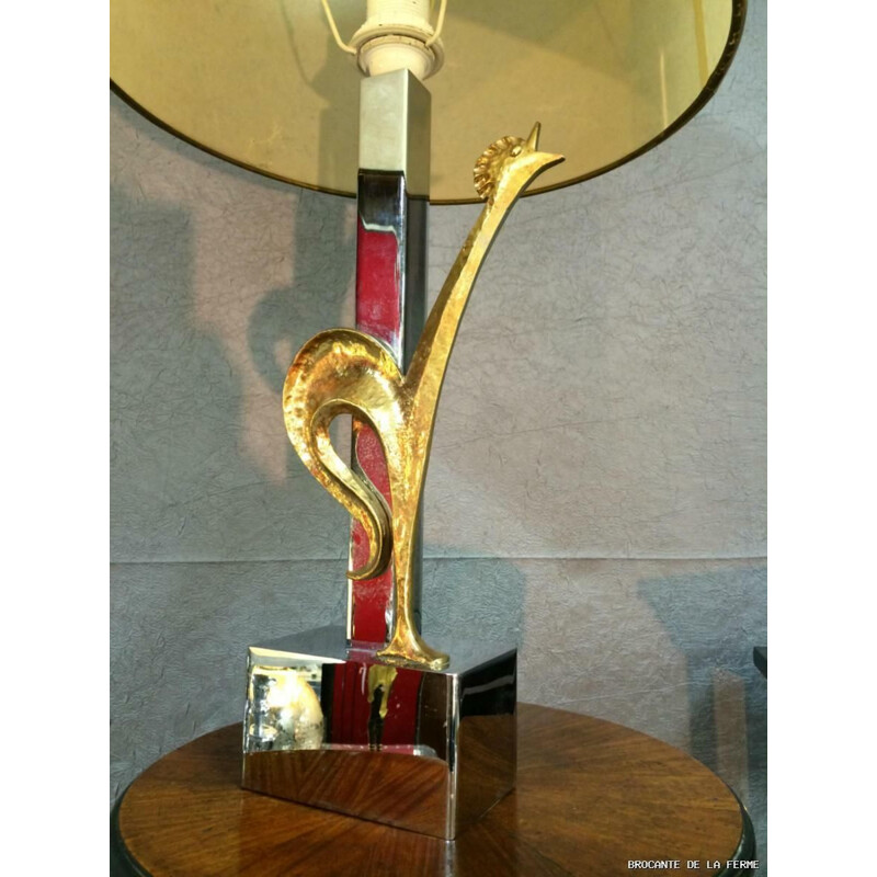 Vintage silver and gold bronze lamp with rooster 1950-1960