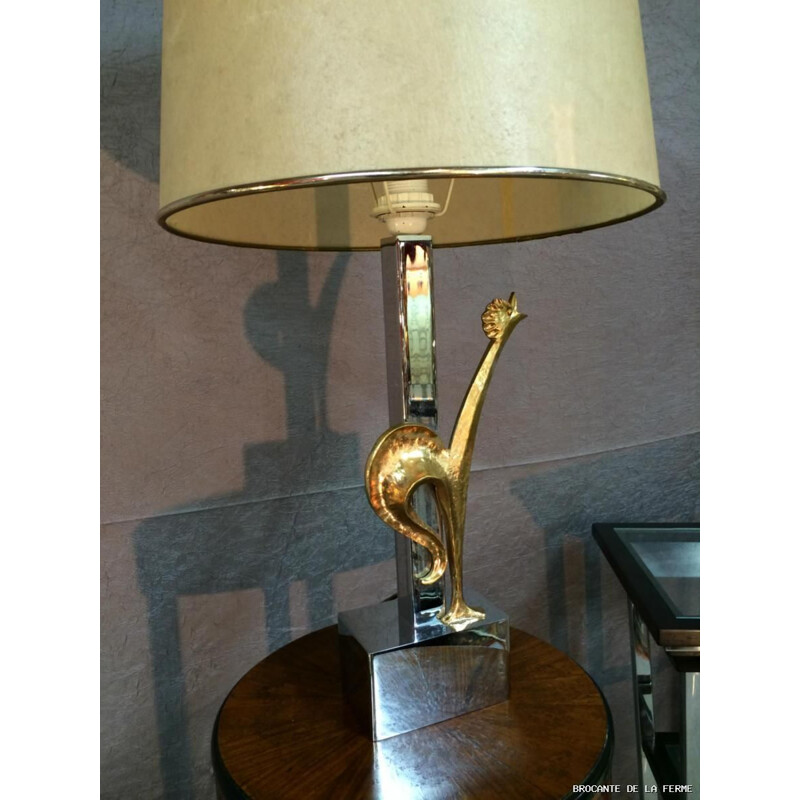 Lampe en bronze vintage argentée et dorée avec coq 1950-1960