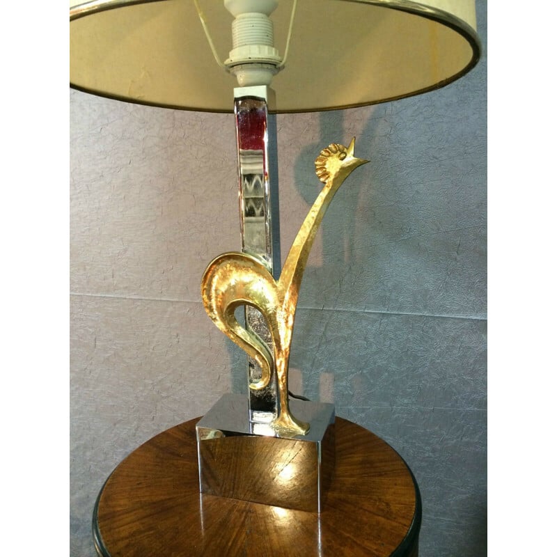 Vintage silver and gold bronze lamp with rooster 1950-1960