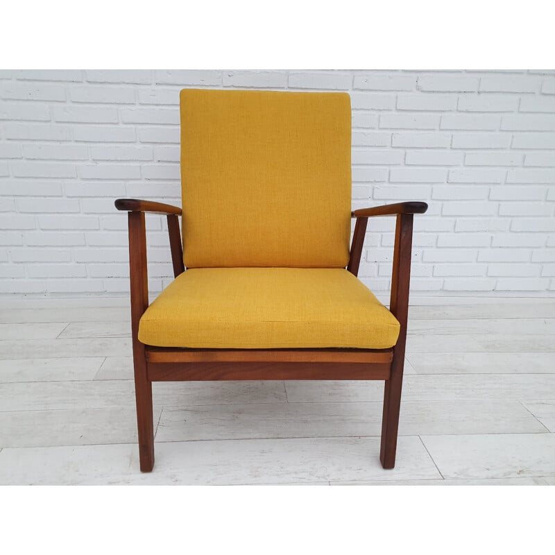 Vintage yellow Danish armchair in solid teak wood, 1970s