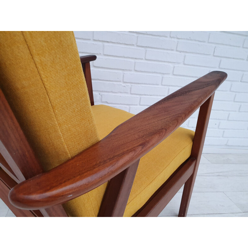 Vintage yellow Danish armchair in solid teak wood, 1970s